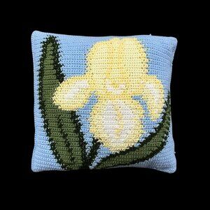 Crocheted Throw Pillow Yellow Iris Flower Baby Blue Handmade Cottage Farmhouse